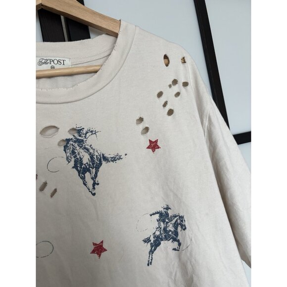 The Post Women’s Distressed Tee Cowboy Rodeo Size SMALL/MED Top USA boho Western - Picture 7 of 13